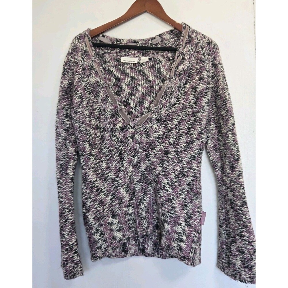 Vintage DKNY Sweater Womens M Y2K Wool Alpaca V Neck Pullover Chunky Knit Boho